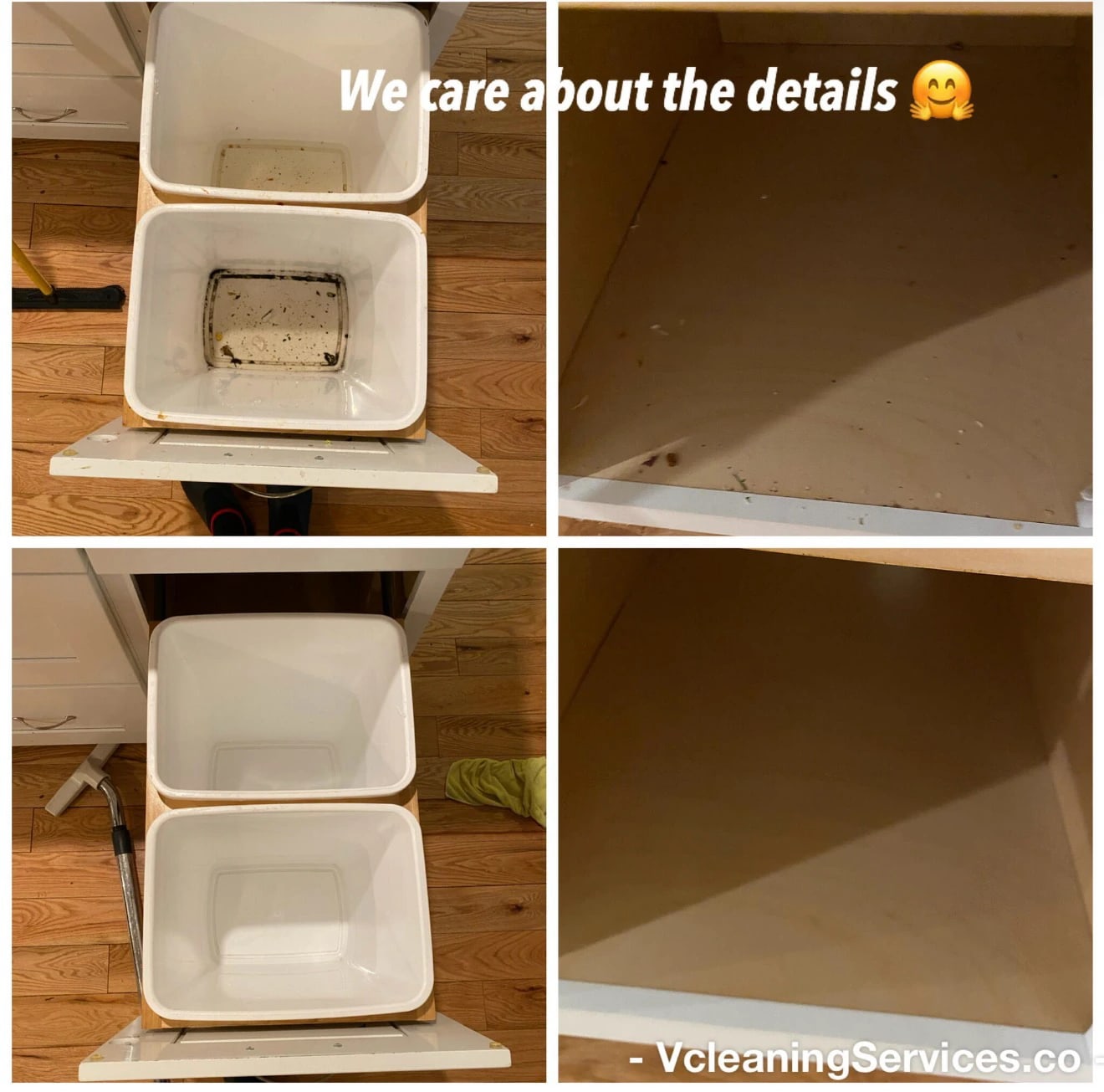 Pull-out kitchen bins and the cabinet base beneath them, photographed before and after cleaning