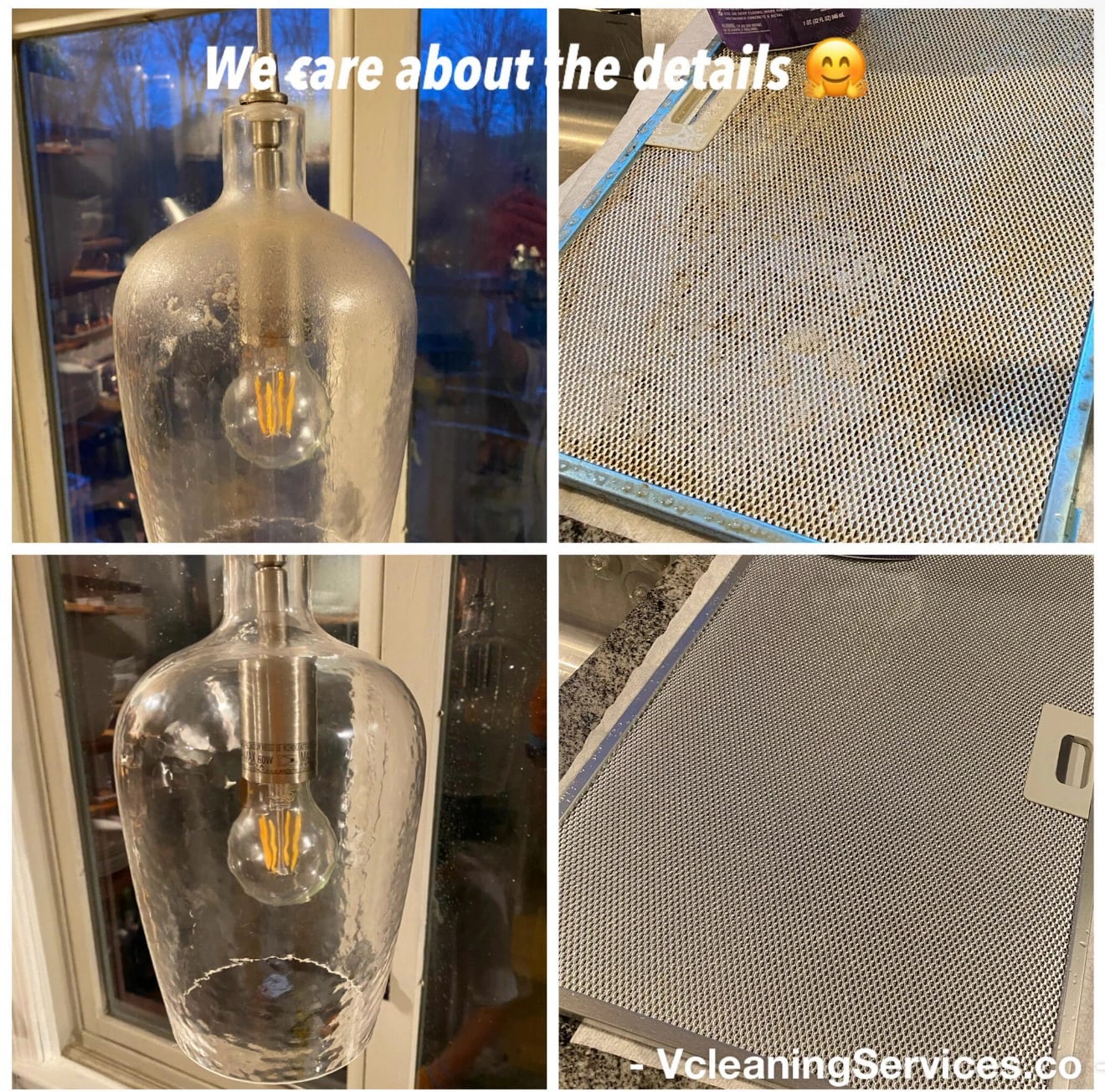 A glass pendant light and a range-hood grease filter, photographed before and after cleaning